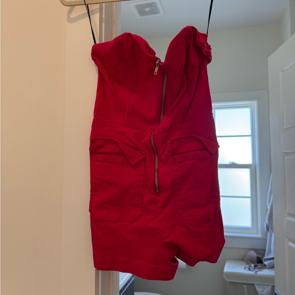 Red denim romper